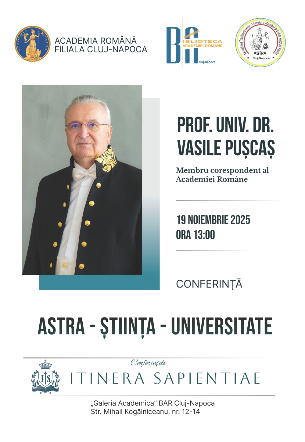 Conferință prof. univ. dr. Vasile Pușcaș la Biblioteca Academiei Române din Cluj-Napoca